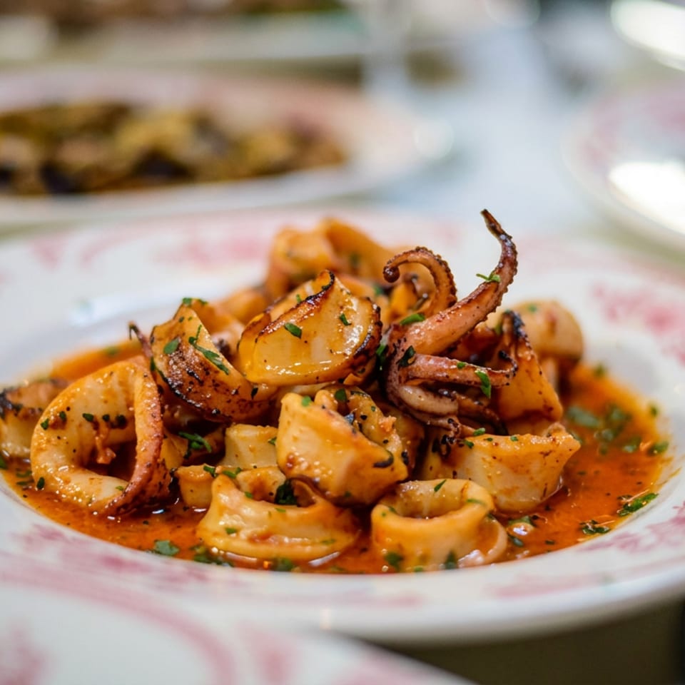 Grilled calamari and seafood pieces sit in a reddish herb sauce on a decorative plate, with other dishes blurred in the background.
