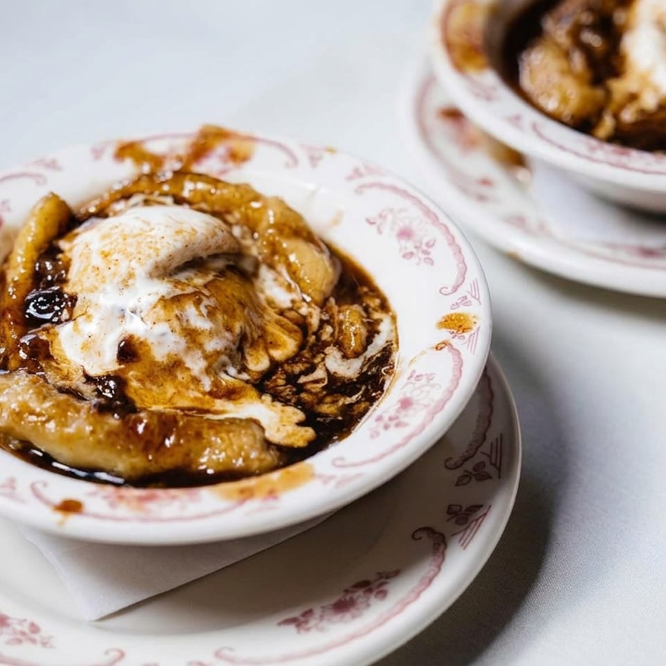 Two vintage dishes hold caramelized banana desserts topped with vanilla ice cream and drizzled chocolate sauce.