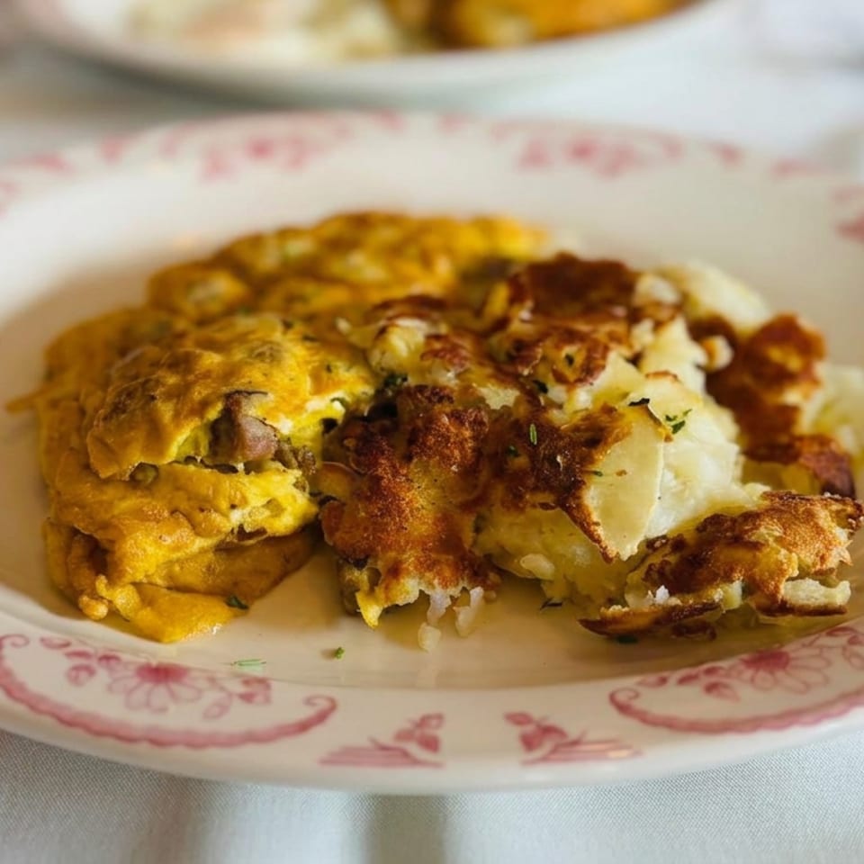 Golden omelet and crispy fried potatoes served on a vintage floral plate.