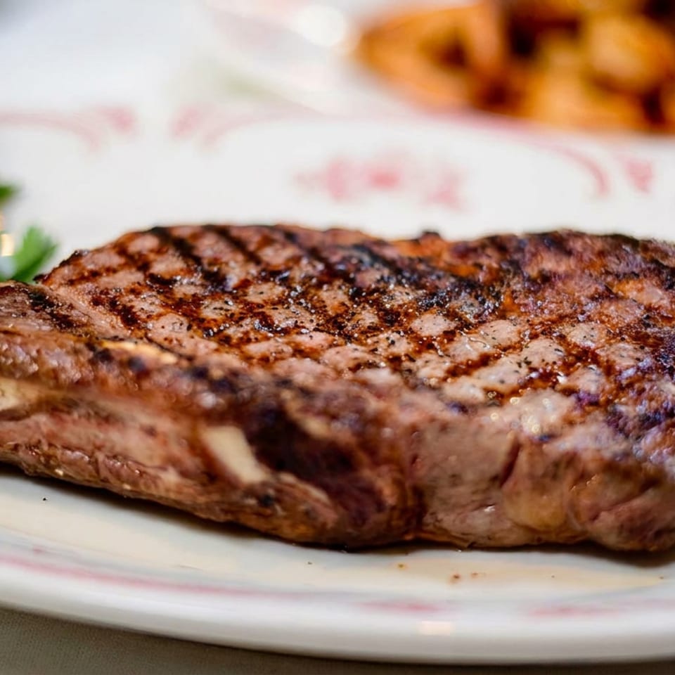 Grilled steak with prominent grill marks served on a floral plate, garnished with parsley and accompanied by roasted potatoes.